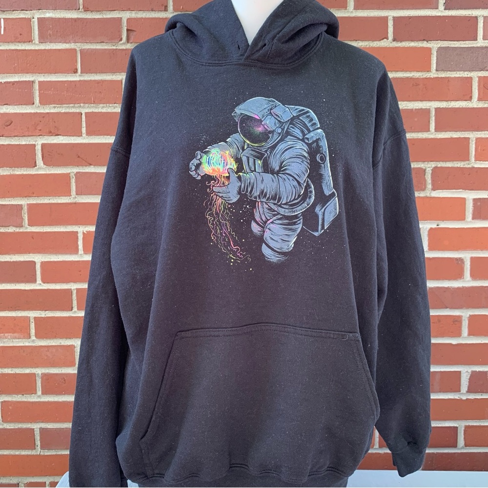 Astronaut touching jellyfish cosmic black and multicolor hoodie sweatshirt- L
